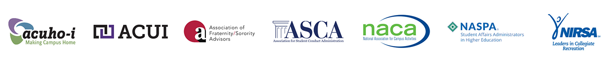 Logos for the Higher Education Consortium for Student Affairs Certification: ACUHO-I, ACUI, AFA, ASCA, NACA, NASPA and NIRSA